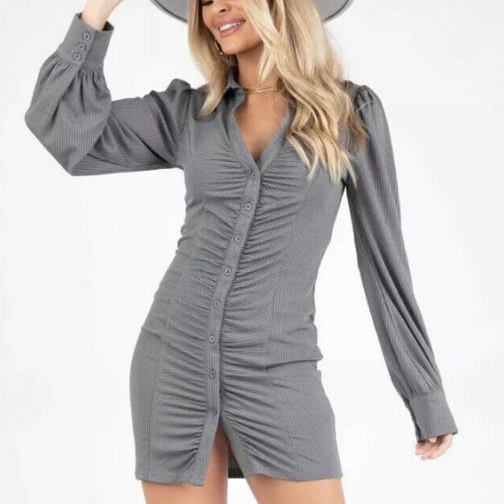 Kittenish Women's Puff Sleeve Button Down Ruched Dress - M